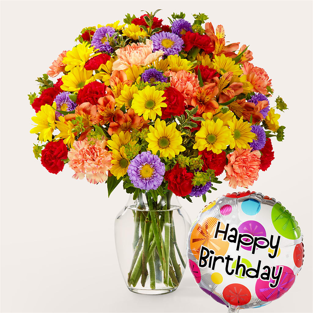 Kaleidoscope Bouquet with Birthday Balloon – COUNTRY PEDDLER FLORAL & GIFT, Savanna IL