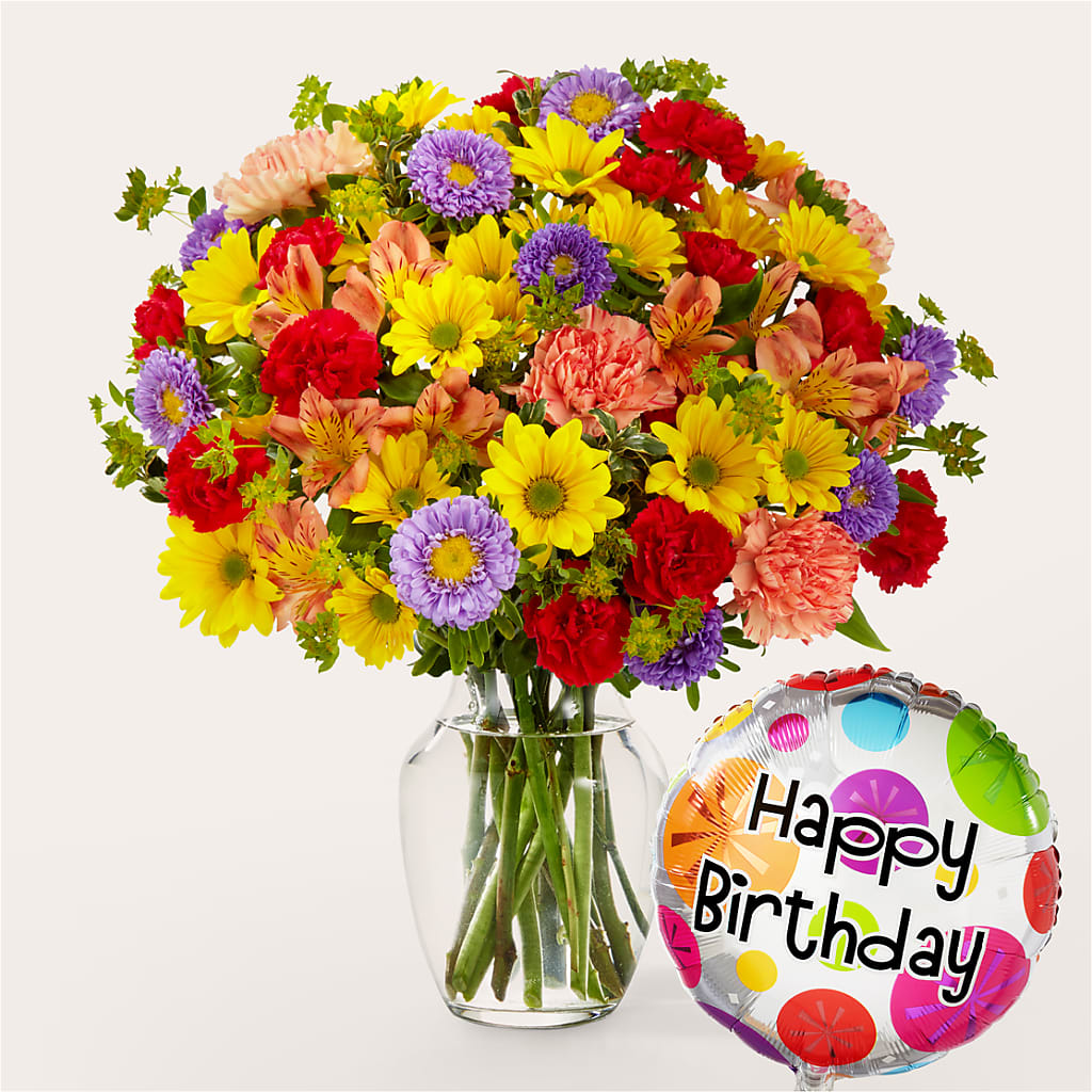 Kaleidoscope Bouquet with Birthday Balloon – COUNTRY PEDDLER FLORAL & GIFT, Savanna IL